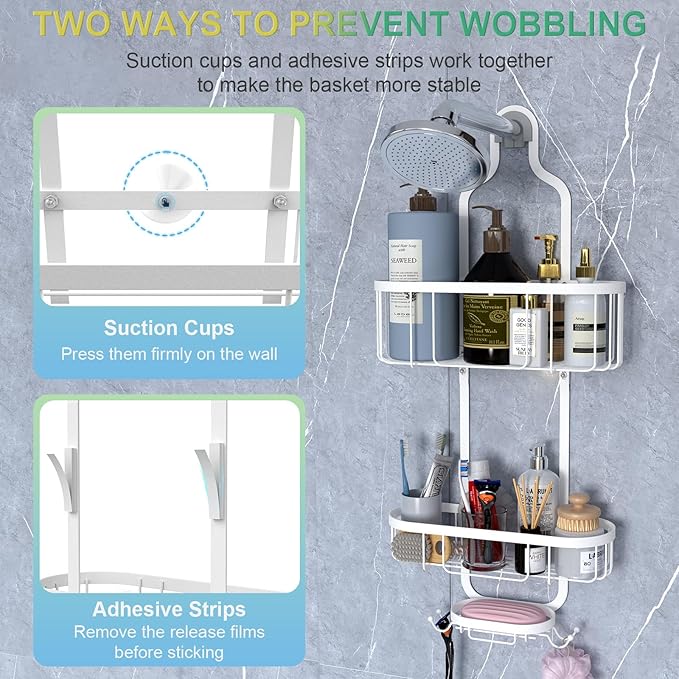 White Hanging Shower Caddy, 3-Tier Bathroom Organizer with Soap Dish, Rust Resistant, Quick Dry, Assembly Required