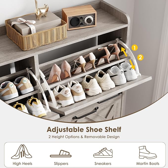 Nicetree Shoe Cabinet with 4 Flip Drawers, Freestanding Shoe Organizer Cabinet, Farmhouse Narrow Shoe Storage Cabinet for Entryway, Foyer, Hallway, Gray