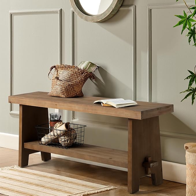 HOKYHOKY Solid Wood Entryway Bench - 43.3" Farmhouse Long Storage Bench, Rustic Narrow Bench Seat for Indoor, Entryway, Dining Room, Living Room and Hallway, Brown