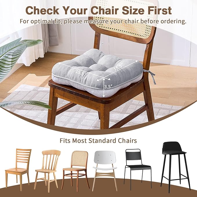 BETU Chair Cushions for Dining Chairs Set of 6,3.5" Thick Kitchen Table Chair Pads with Ties,Non Slip Backing and Covers, Seat Cushion for Dining Room,Bar,Patio Chairs,15.5"X15.5"X3.5",Light Grey