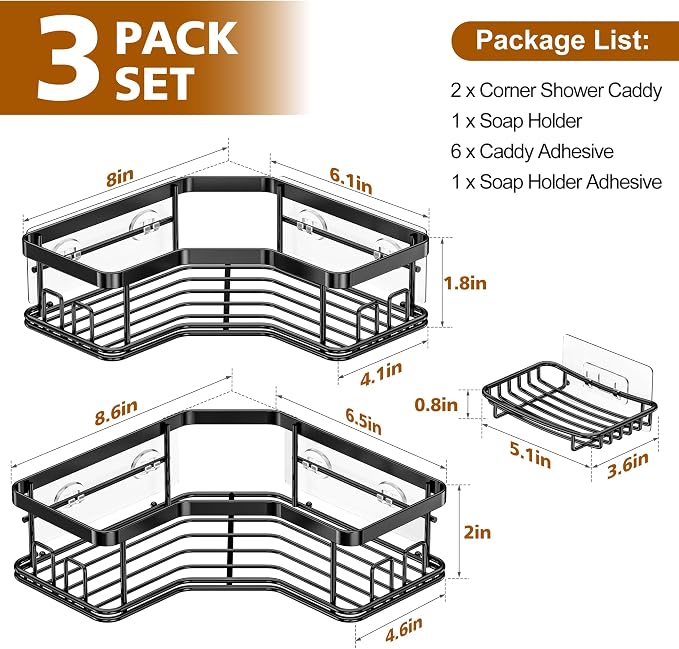 MAXIFFE 3 Pack Corner Shower Caddy with Soap Holder, Large Capacity Sturdy Easy Install No Drilling Stainless Steel Hold 40 LBS Shower Organizer Shelves Rack Storage for Family Renters Bathroom, Black