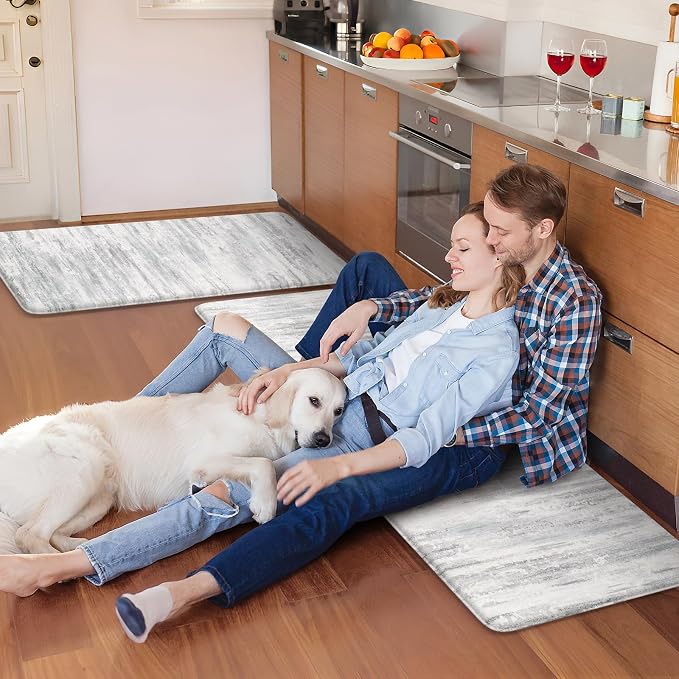 KIMODE Anti Fatigue Kitchen Mats for Floor, Abstract Farmhouse Kitchen Rugs, Cushioned Kitchen Floor Mats, Comfort Standing Mat for Sink, Laundry, Office, Desk Multi-Grey 17"x47"+17"x29"