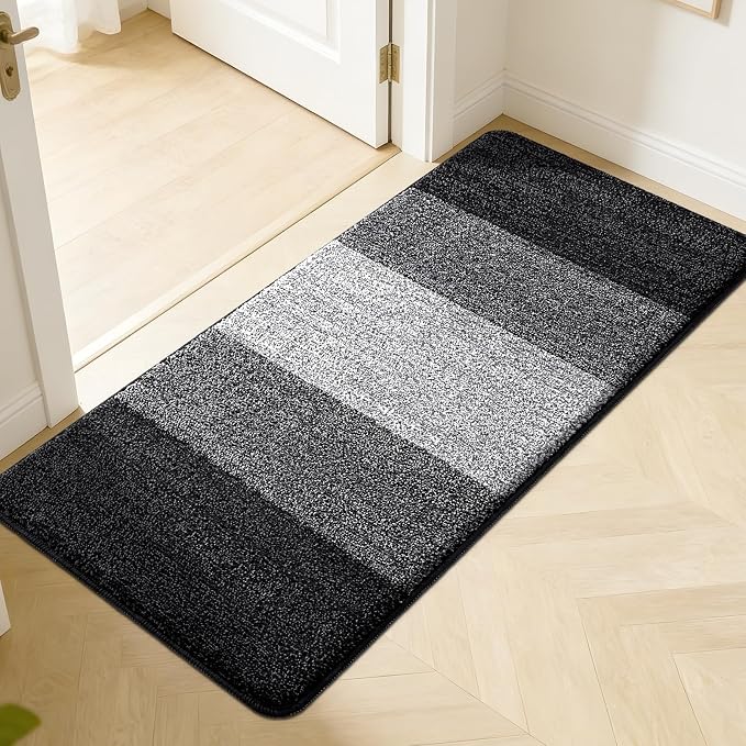 Kitinjoy Indoor Outdoor Door Mat, 50x30 Non-Slip Absorbent Dirt Trapper, Low-Profile Washable Inside Entrance Front Floor Mat, Sturdy Soft Entry Doormats for Entryway, Black