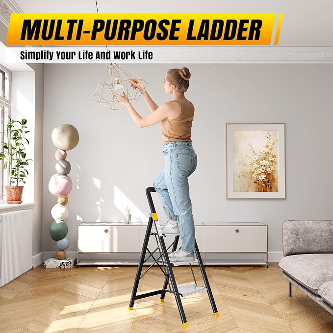 KINGRACK 3 Step Ladder, Aluminium Folding Step Stool with Anti-Slip Wide Pedals & Comfortable Handrail, 330lbs Load Capacity, Space Saving Design for Home & Kitchen, Sturdy and Portable, Silver