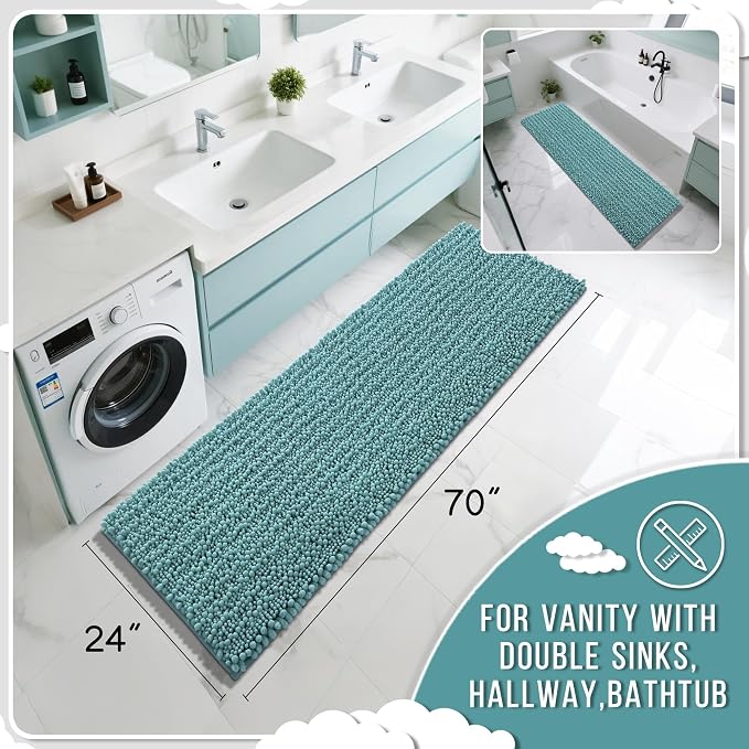 Yimobra Bathroom Runner Rug 70x24 Inch - Extra Long Non Slip Chenille Bath Mat, Soft & Absorbent, Machine Washable Shaggy Hallway Carpet for Vanity Tub Shower, Teal Blue Home Decor Accessories