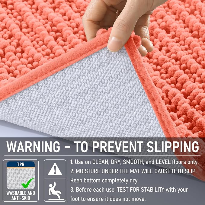 OLANLY Long Bathroom Rugs Runner 59x24, Thick Soft and Absorbent Chenille Bath Mat, Non-Slip, Machine Washable Quick Dry Bath Rugs for Tub Shower Floor, Home Decor Accessories, Coral
