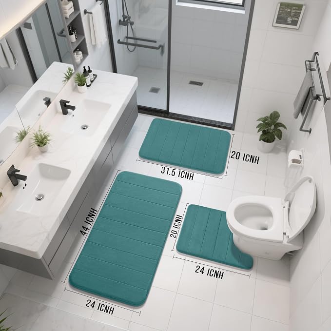 Yimobra 3 Pieces Memory Foam Bath Mat Set with U-Shaped Toilet Rug - Non Slip Super Soft Absorbent Quick Dry Bathroom Rugs for Bathtub, Vanity & Toilet Base, Teal