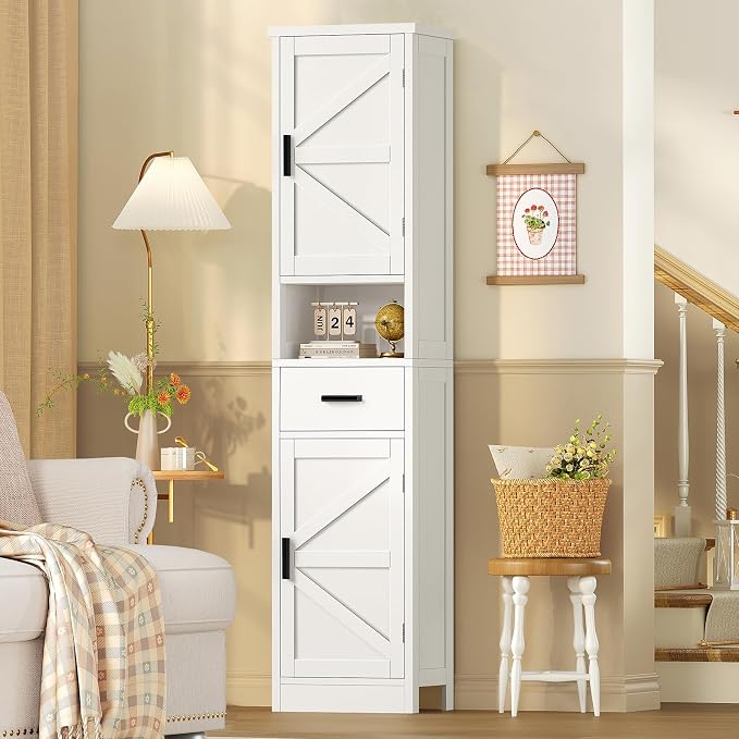 TEENFON 67" H Bathroom Storage Cabinet with Barn Doors & Adjustable Shelves, Bathroom Cabinet with Drawer, Narrow Bathroom Storage Unit, Floor Cabinets for Living Room, Kitchen, White
