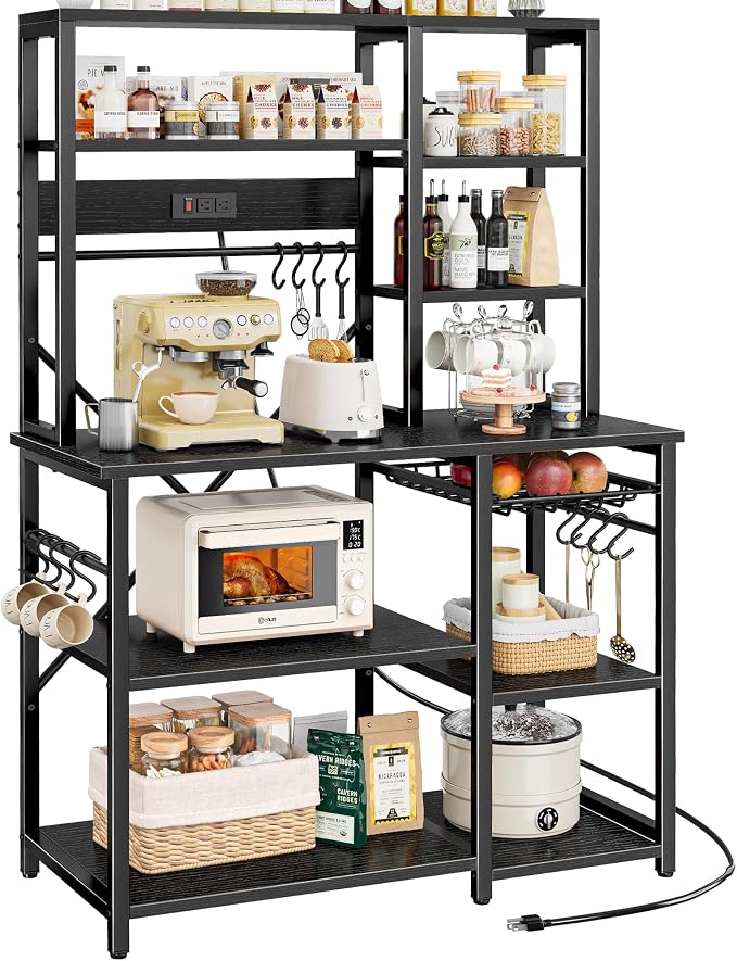 SUPERJARE Large Bakers Rack with Power Outlets, 6-Tier Microwave Stand, Coffee Bar with 12 S-Shaped Hooks, Kitchen Shelf with Wire Basket, 39.4 x 14.6 x 66.9 Inches, Black