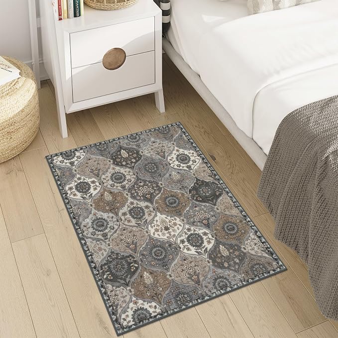 Lahome Moroccan Trellis Area Rug, 2x3 Entryway Rug Non-Slip Washable Indoor Door Mat, Small Oriental Accent Throw Carpet for Bedroom Kitchen Entry Bathroom Elise, Grey