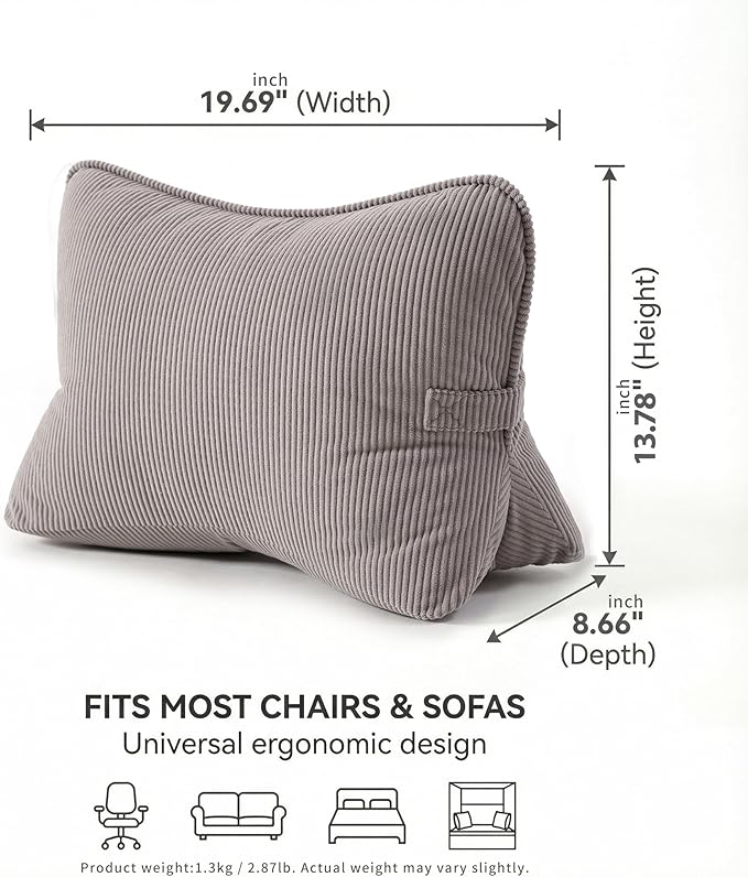 Pat. Pend. Corduroy Lumbar Support Pillow for Watching TV, Reading & Gaming, Triangle Cushion for Sofa, Armchair, Couch or Bed, Removable Washable Cover, Light Gray