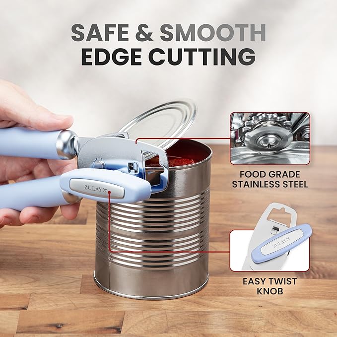 Zulay Kitchen Heavy Duty Stainless Steel Can Opener Manual with Bottle Opener - Rust Proof Manual Can Opener With Turn Knob & Comfy Soft Grip Handles - Light Blue