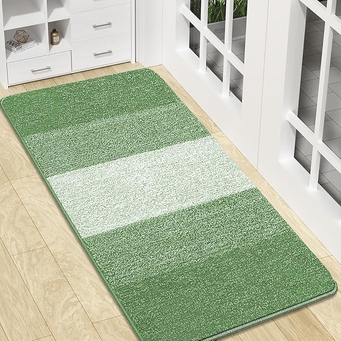 Kitinjoy Indoor Outdoor Door Mat, 47x20 Non-Slip Absorbent Dirt Trapper, Low-Profile Washable Inside Entrance Front Floor Mat, Sturdy Soft Entry Doormats for Entryway, Sage Green