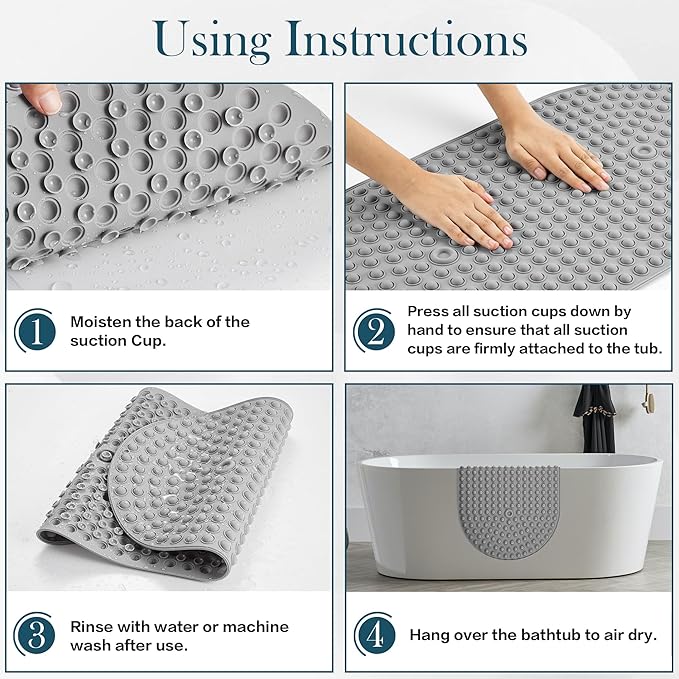 Non Slip Shower Mat 27x15 - Small Oval Bath Mat for Inside Tub, Silicone Bubble Pop It Bathroom Floor Mat with Strong Suction Cups, Quick Dry, Anti Slip Bathtub Mat for Shower, Grey