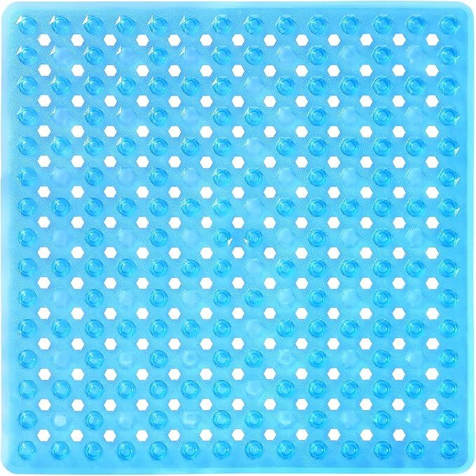 Yimobra Square Shower Floor Mat Non Slip, 21"X21" Machine Washable Bath Tub Mat, Soft on Feet, Bathmat with Drain Holes and Suction Cups, Fast Draining, Clear Blue