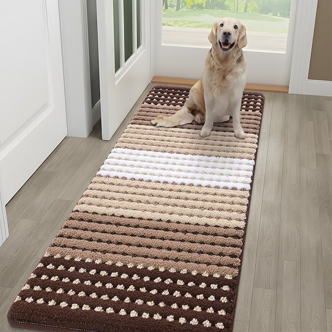 Kitinjoy Indoor Outdoor Door Mat, 59x20 Non-Slip Absorbent Dirt Trapper, Low-Profile Washable Inside Entrance Front Floor Mat, Sturdy Soft Entry Dotted Ombre Doormats for Entryway, Brown