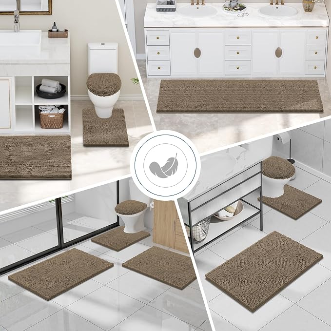 Smiry Bathroom Rugs Sets 2 Piece, Soft Absorbent Chenille Machine Washable Non Slip Shaggy Bath Rug Set for Tub, Shower, and Floor (47x20+30x20, Camel)