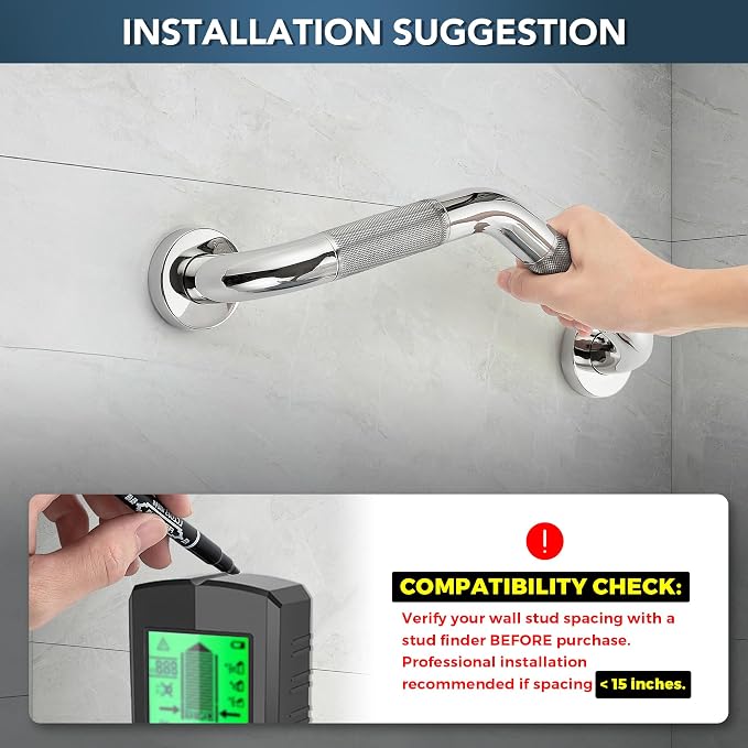 Grab Bars for Bathtubs and Showers- 1-1/4 x 16 Angled Shower Grab Bar for Seniors Knurled Stainless Steel Handicap Grab Bars for Wall, 15" Hole Center (Polished Nickel, 1 Pack)