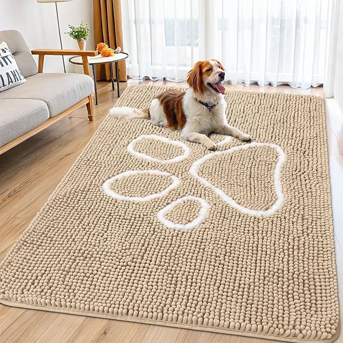 Smiry Dog Door Mat for Muddy Paws, Absorbent Dirt Trapper Non Slip Quick Dry Washable Chenille Mat for Mud Dogs, Entry Rug for Indoor and Outdoor (70x35 Inches, Beige and White)
