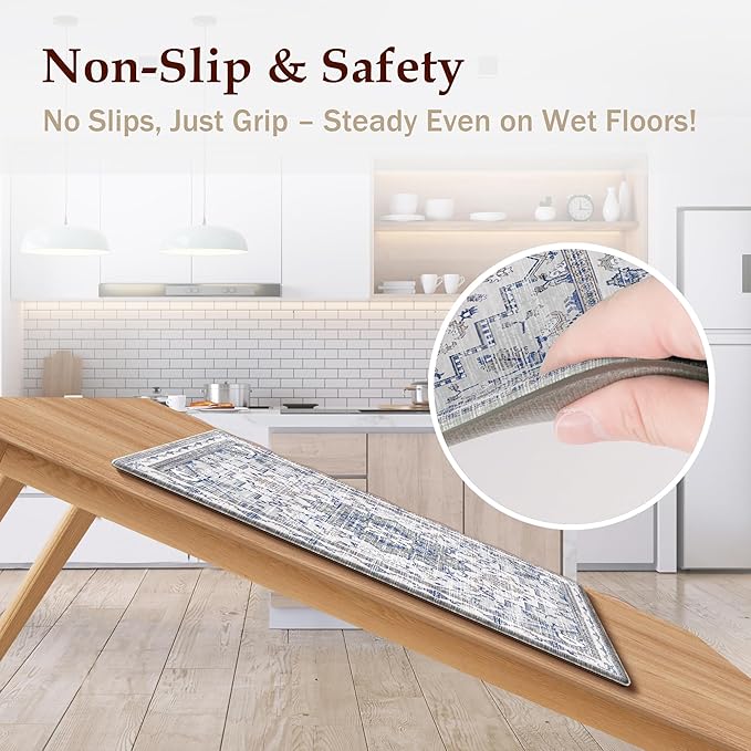 Boho Kitchen Mats for Floor 2 Piece Set Anti Fatigue Cushioned PVC Kitchen Rugs Non Slip Waterproof Farmhouse Mats 2/5 Inch Comfort Standing Mat for Sink, Laundry, 17.3"x59"+17.3"x28", Blue Grey