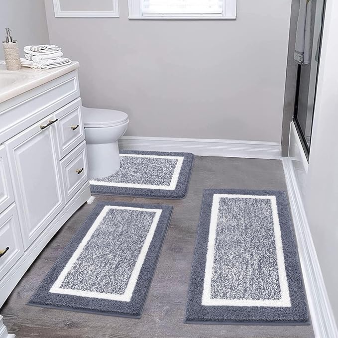 Pauwer Bathroom Rugs Sets 3 Piece Bathroom Shower Rugs with U-Shaped Contour Toilet Mat Absorbent Microfiber Plush Bath Mats Non Slip Bath Rugs Machine Washable Shaggy Bath Floor Mats