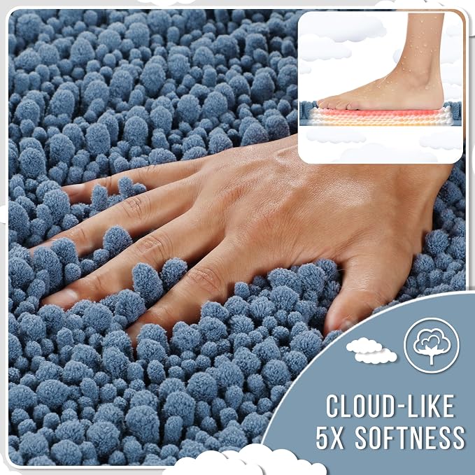 Yimobra Long Bathroom Rugs Non Slip Washable 44x24 Inch - Ultra Soft Absorbent Bath Mat, Quick Dry Shaggy Floor Carpet for Tub Shower, Denim Blue Home Decor Accessories