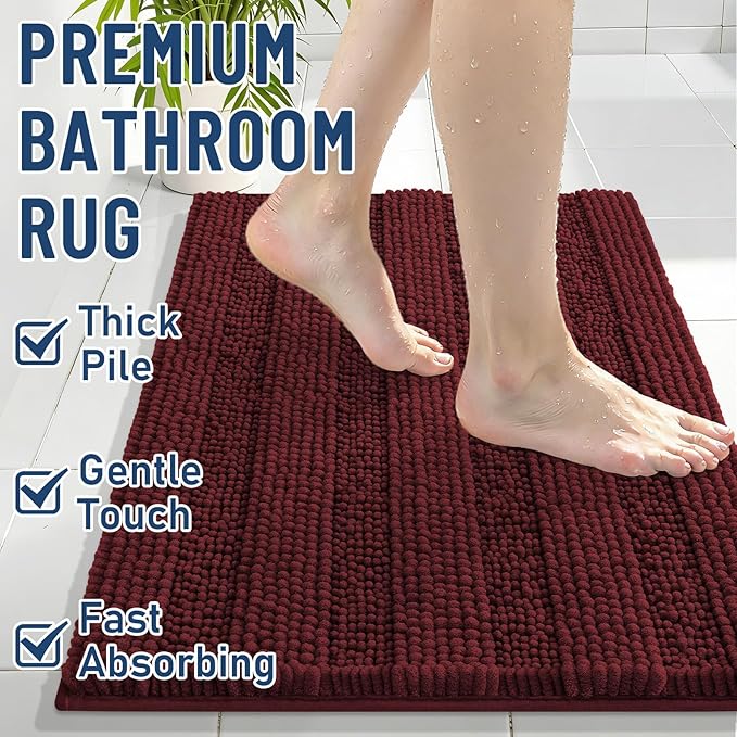 Grandaily Chenille Striped Bathroom Rugs 44x24, Extra Thick and Soft Absorbent Bath Mats, Rubber Backing, Plush Shaggy Shower Carpet, Machine Wash Dry, Bath Rug for Bathroom, Reddish Brown