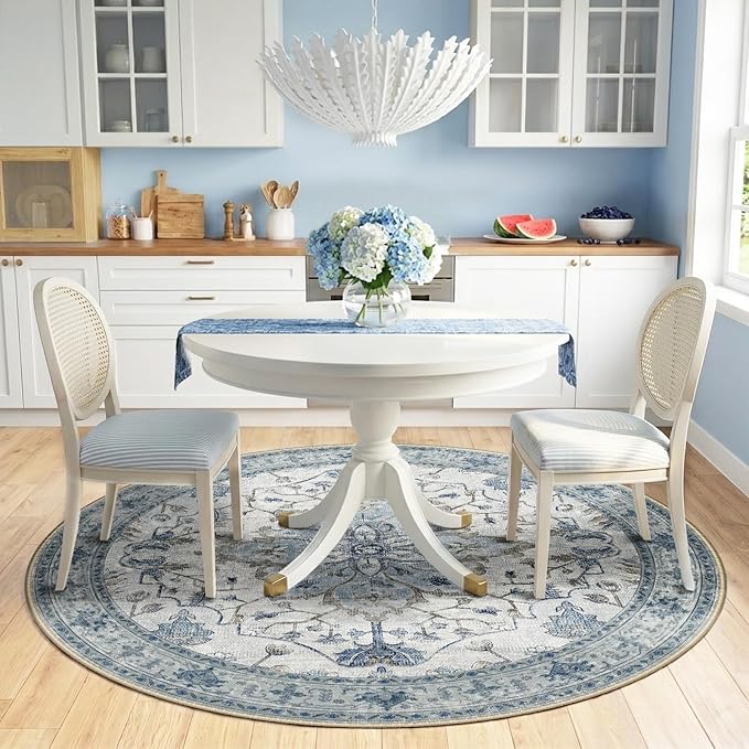 RELEANY Area Rugs Round 6ft Washable Non-Slip, Floral Vintage Distress Medallion Carpet for Living Room Bedroom Dining Room, Light Blue Navy Gray White