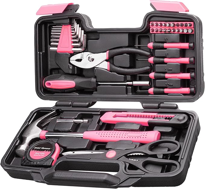 Cartman 39Piece Tool Set General Household Hand Tool Kit with Plastic Toolbox Storage Case Pink