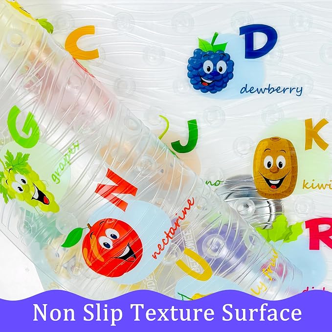 BEEHOMEE Polyvinyl Chloride (PVC) Bath Mat, Alphabet, Square, XL Size, 35x16 inch, Textured Pattern, Suction Cups - Bath Mats for Tub Kids