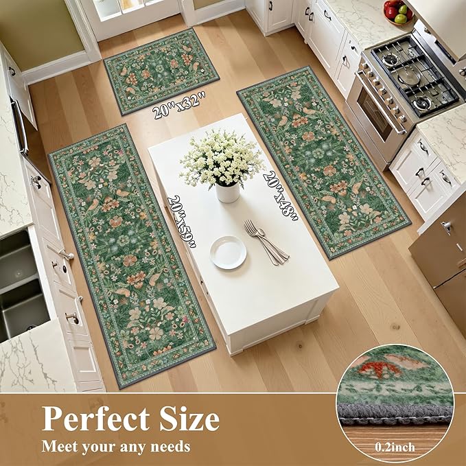 HEBE Boho Kitchen Rugs Sets of 3, Non Slip Washable Kitchen Mats for Floor, Farmhouse Kitchen Carpet Runner Rug Set for Sink, Stove, Laundry Room & Hallway