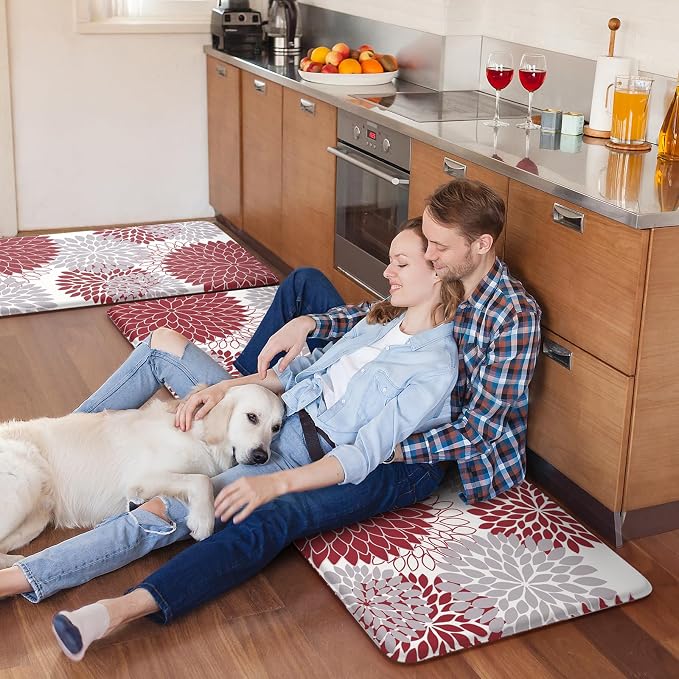 Anti Fatigue Kitchen Mats for Floor 2PCS,17"x47"+17"x29" Farmhouse Dahlia Kitchen Rugs Non Slip Rubber Backing,Waterproof Cushioned Standing Mat for Office,Laundry,Sink,Desk,Red