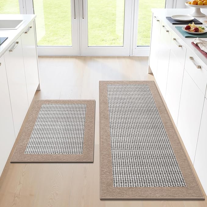 StepRite Kitchen Mats for Floor, Non-Slip Kitchen Rugs Set of 2 PCS, Super Absorbent Washable Kitchen Mats with Rubber Backing, Runner Mats for Front of Sink (20"x32"+20"x47" Khaki)