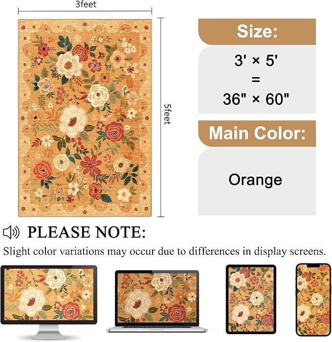DUKINO 3x5 Area Rug, Floral Rugs for Living Room, Lightweight Non Slip Washable Rug, Indoor Low Pile & Non-Shedding Boho Design Rugs for Bedroom, Living Room, Dining Room, Orange