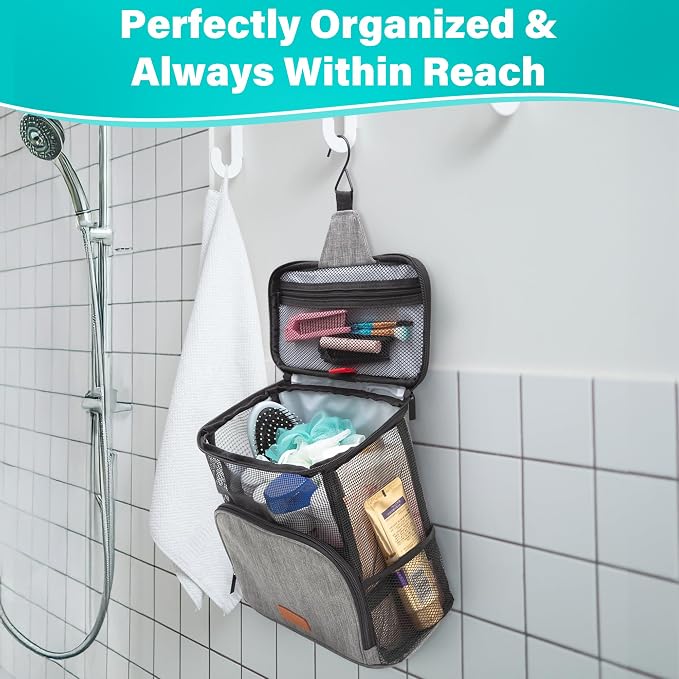 Hanging Toiletry Bag, Shower Caddy Tote Bag (Updated Version, Full Size Bottle Compatible), Bath Organizer for College Dorms, Gym, Camp, Women Men, with Funny Luggage Tag