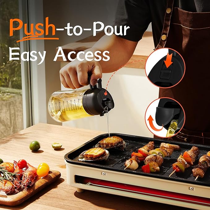 TrendPlain 16oz/470ml Glass Olive Oil Sprayer for Cooking – 2 in 1 Olive Oil Dispenser Bottle for Kitchen Gadgets and Air Fryer Accessories, Salad, BBQ - Black & Ash