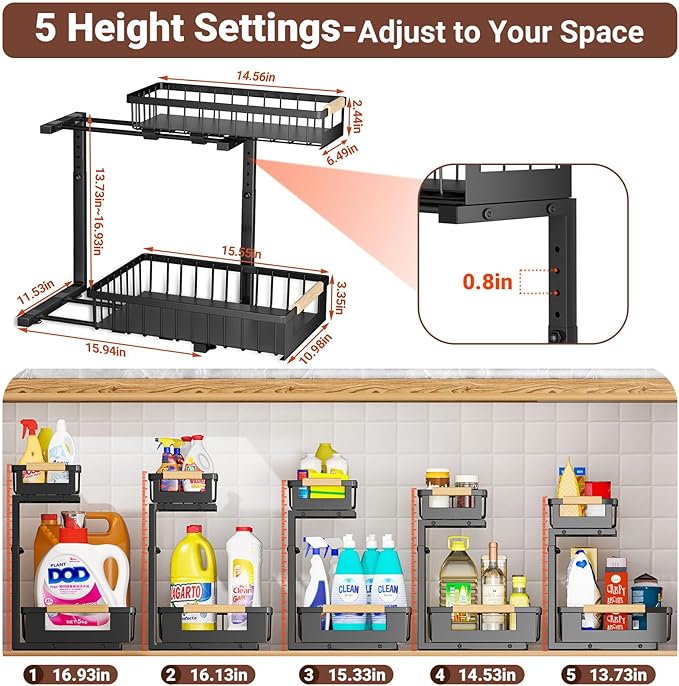 Under Sink Organizers and Storage, 2 Pack L-Shaped Pull Out Cabinet Organizer, 2 Tier Sliding Storage Rack with Adjustable Height, Metal Under Sink Shelf for Kitchen, Bathroom, Pantry, Black