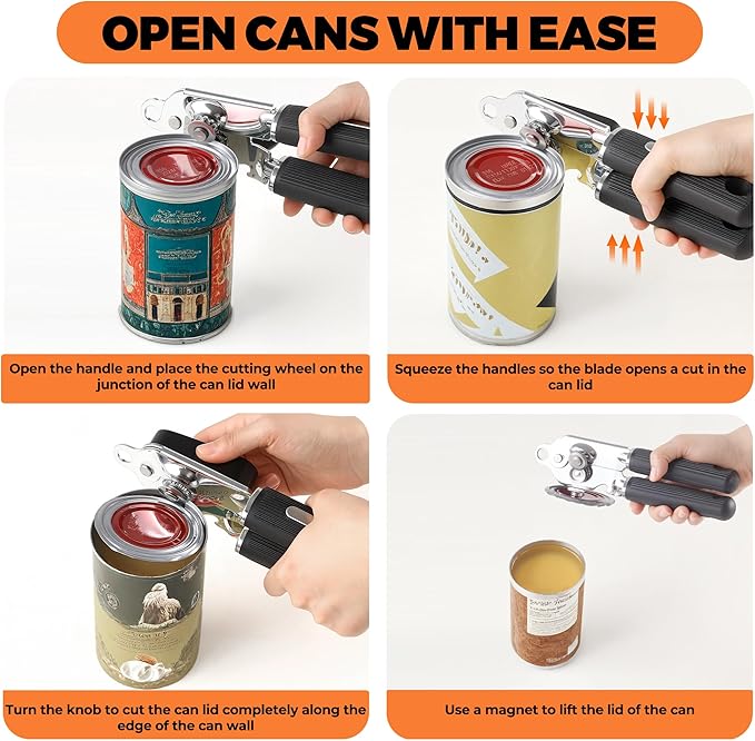 Can Opener Manual Heavy Duty Stainless Steel Smooth Edge with Magnet Large Effort Saving Knob Soft Grip Handle for Arthritis Elderly with Bottle Opener Kitchen Tool Black