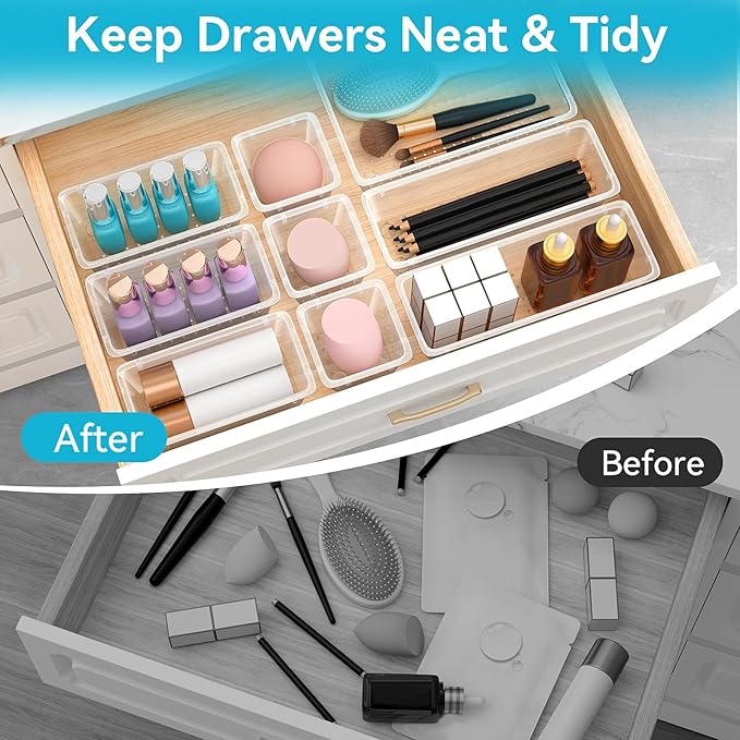 ElegantArray 24 PCS Drawer Organizer Set, 4 Sizes Tool Storage Trays, Clear Plastic Makeup Vanity Organizer and Storage Bins for Makeup, Stationeries, Multiple Gadgets for Bathroom, Office, Bedroom