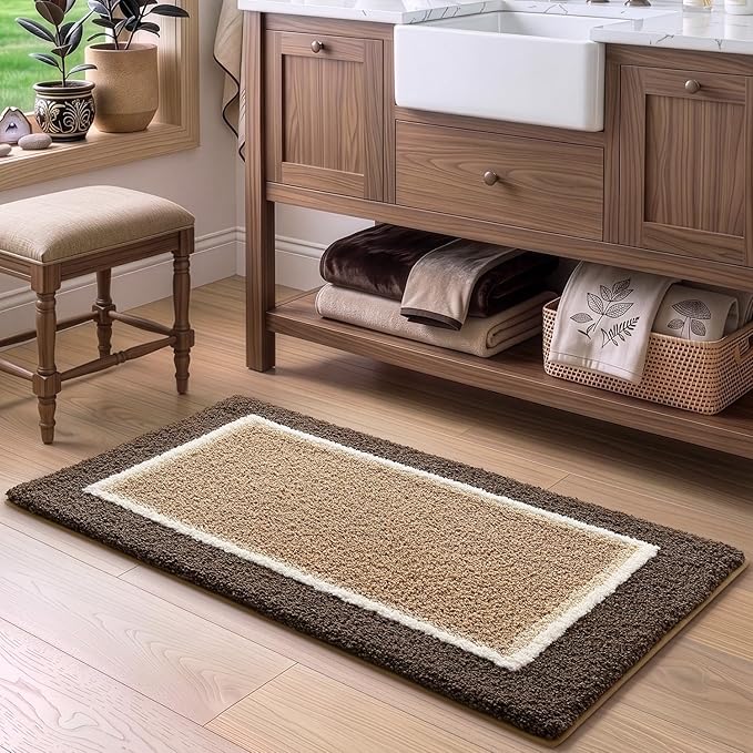 DEXI Bathroom Rugs 43x24, Absorbent Extra Soft Plush Microfiber Bath Mat for Bathroom, Non Slip Washable Bathmat Quick Dry for Shower Floor, Sink, Tub, Laundry Room, Brown and Dark Beige