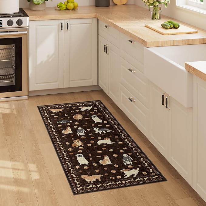 DUKINO 2x4 Runner Rug for Entryway, Animal Dog Print Washable Kitchen Rug with Non Slip, Low Pile Indoor Door Mat Non Shedding Small Throw Carpet Runner for Hallway, Bathroom, Laundry, Bedroom, Brown