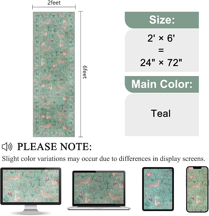 DUKINO 2x6 Rug for Hallway, Washable Kitchen Runner Rug with Non Slip Backing, Soft Low Pile Vintage Animal Runner for Bedroom, Kitchen, Hallway, Entryway, Laundry, Teal