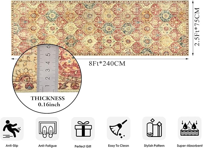 Lahome Moroccan Hallway Rug, 2'5''x8' Kitchen Runner Rugs Non Skid Washable Runners for Hallways, Ultra-Thin Oriental Carpet for Entryway Laundry Room Bedroom Bathroom Elise, Red/Orange