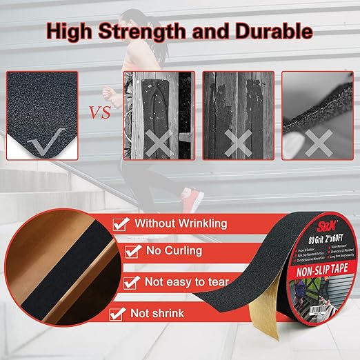 S&X Anti Slip Tape, 2 Inch x 60 Ft Non Slip Tape for Outdoor Steps, Non Skid High Traction Grip Tape for Stairs Waterproof, Corundum Surface, Polyester Film Based, Long-Lasting, Black