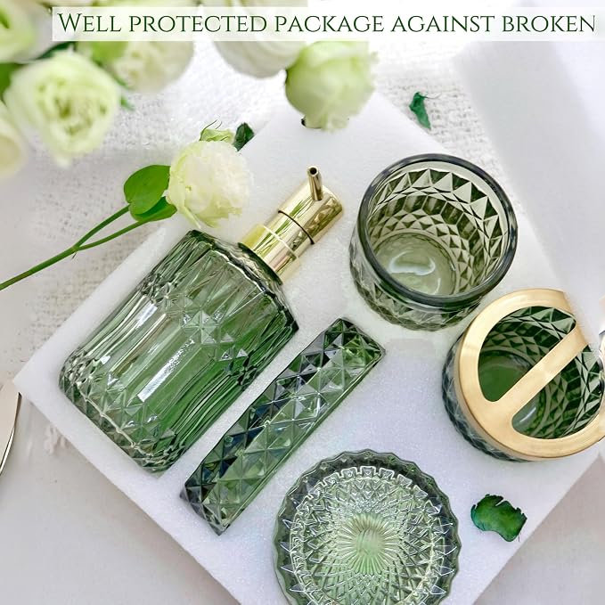 LaMarriti Green Bathroom Accessories Set, 6 Pcs Clear Glass Bathroom Set, Soap Dispenser, Soap Dish, Toothbrush Holder, Tumbler, Q-Tips Holder for Vintage Crystal Bathroom Decor, Gift Set