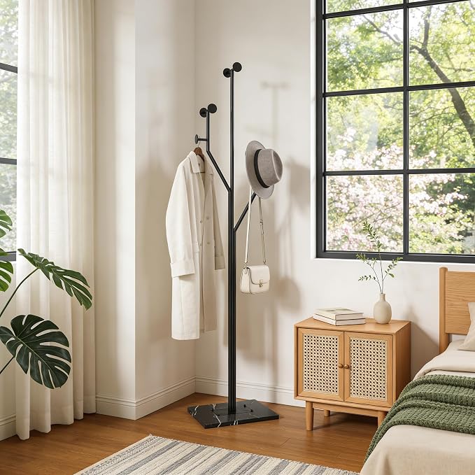 JIAYUEJU Freestanding Coat Rack Tree-shaped Metal Coat Tree with Heavy Duty Marble Base Corner Clothing Rack for Bedroom Entryway Hallway 14.96 x 10.24 x 68.9 Inches (Black)