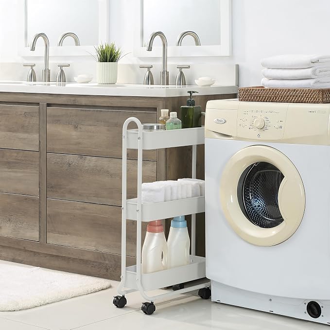 SunnyPoint Slim Rolling Storage Cart, 3 Tier Bathroom Storage Organizer Bathroom, Laundry Utility Cart (White)