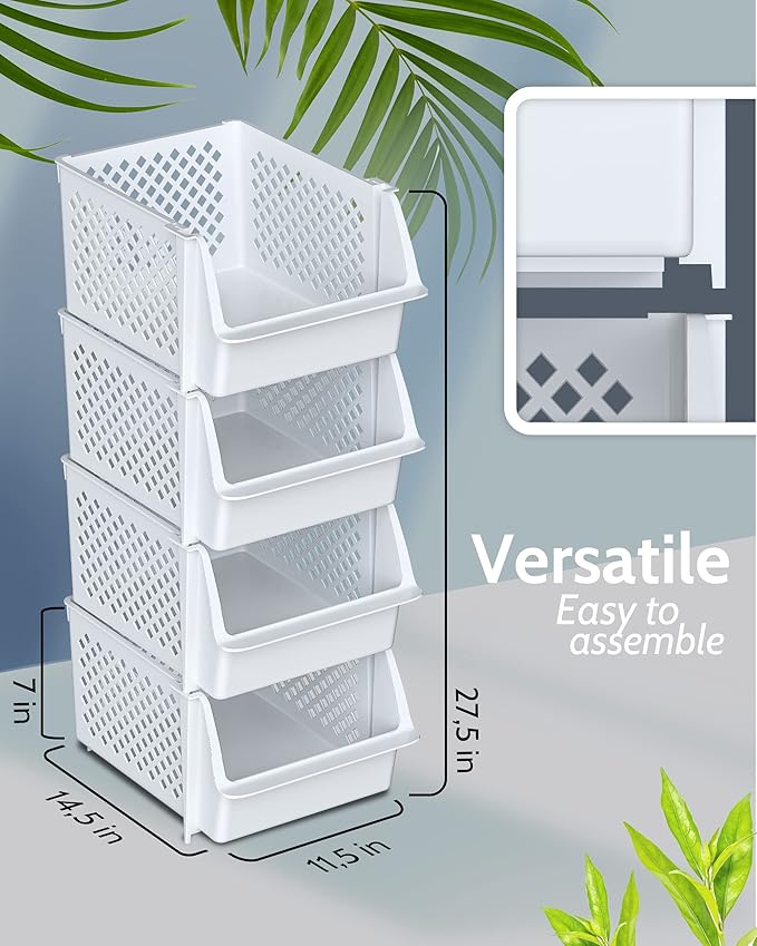 TidyFriend 4 Pack Stackable Storage Bins Open Front for Pantry Organizers and Storage, Pantry Storage for Food, Kitchen and Home Organization, Plastic Storage Bins, Dorm Room Essentials (White)