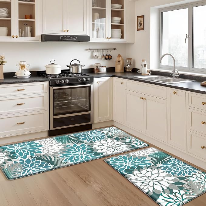 Arenarug Kitchen Mats for Floor 2PCS Cushioned Anti Fatigue Kitchen Mats Waterproof Non Slip Kitchen Mat Rug Set Comfort Foam Standing Mat for Sink, Laundry, Office, 24"x39"+24"x59", Teal