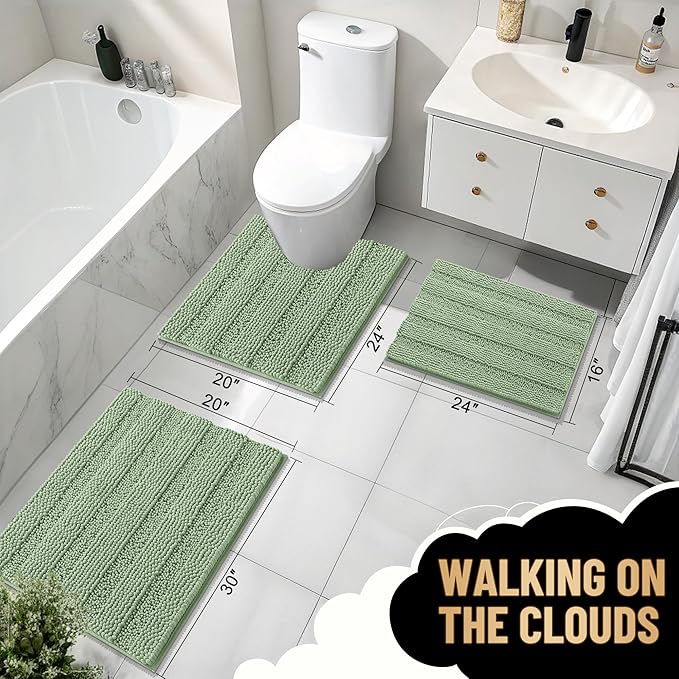 OLANLY Thick Bathroom Runner Rugs 47x24, Extra Absorbent Chenille Striped Bath Rugs, Rubber Backing, Machine Wash Dry, Long Bath Mats for Bathroom, Tub and Shower, Home Decor Accessories, Sage Green